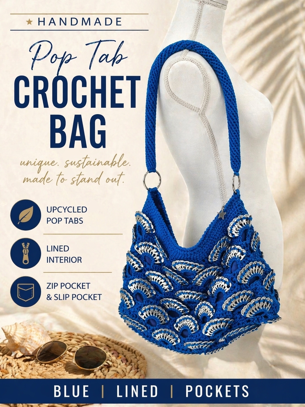 Statement Pop Tab Crochet Shoulder Bag Cobalt Blue Lined Pockets